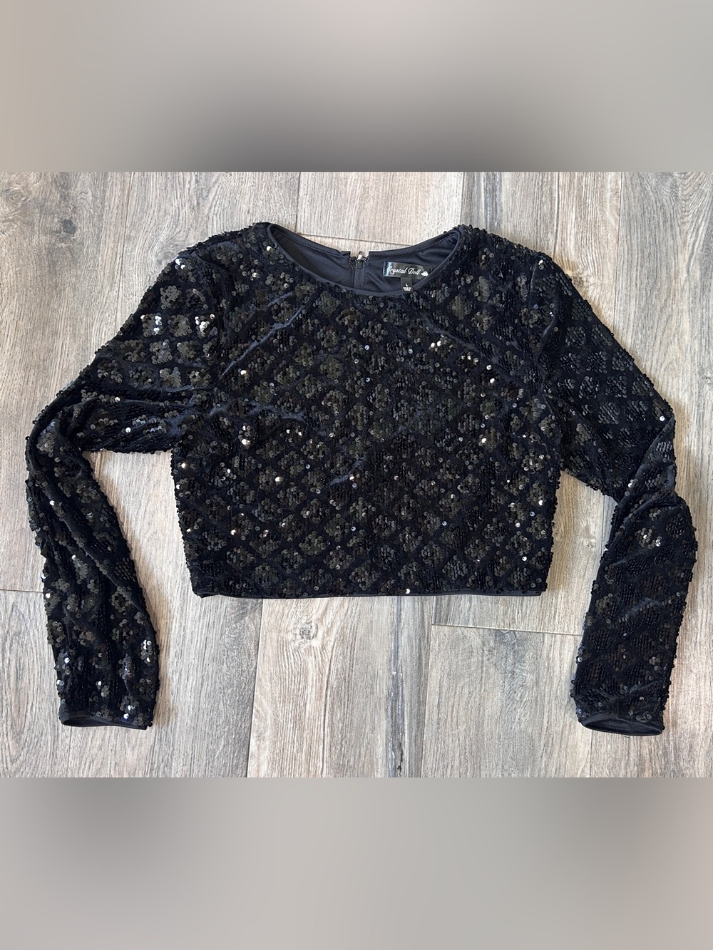 Black Sequin Longsleeve Crop Top Large Crystal Doll Large